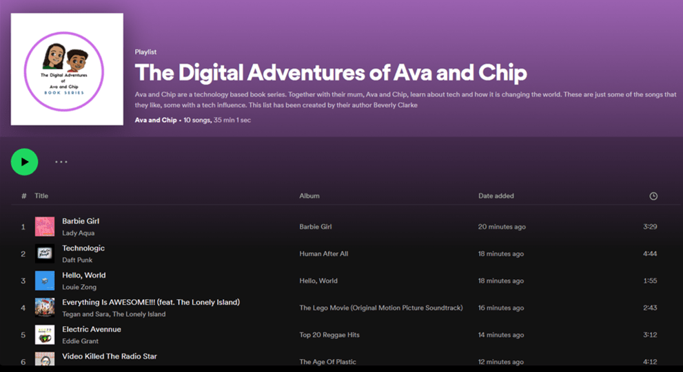 Spotify playlist titled 'The Digital Adventures of Ava and Chip' featuring tech-themed songs, created by author Beverly Clarke, promoting the children's technology book series.
