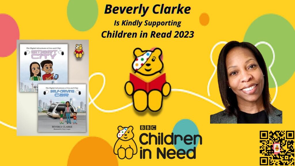 Beverly Clarke MBE supporting BBC Children in Need's Children in Read 2023, with Ava and Chip books and Pudsey Bear.
