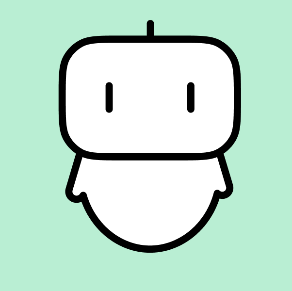 Simple line art icon of a friendly robot or character with a square head and rounded body on a light green background, symbolizing a minimalist tech app.