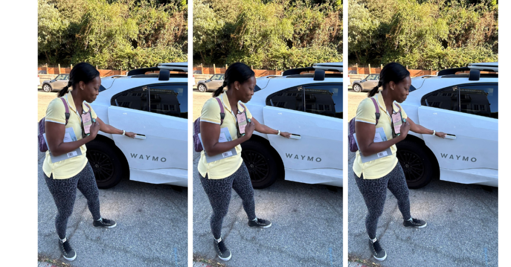 Beverly Clarke MBE entering a Waymo Self Driving Car in San Francisco