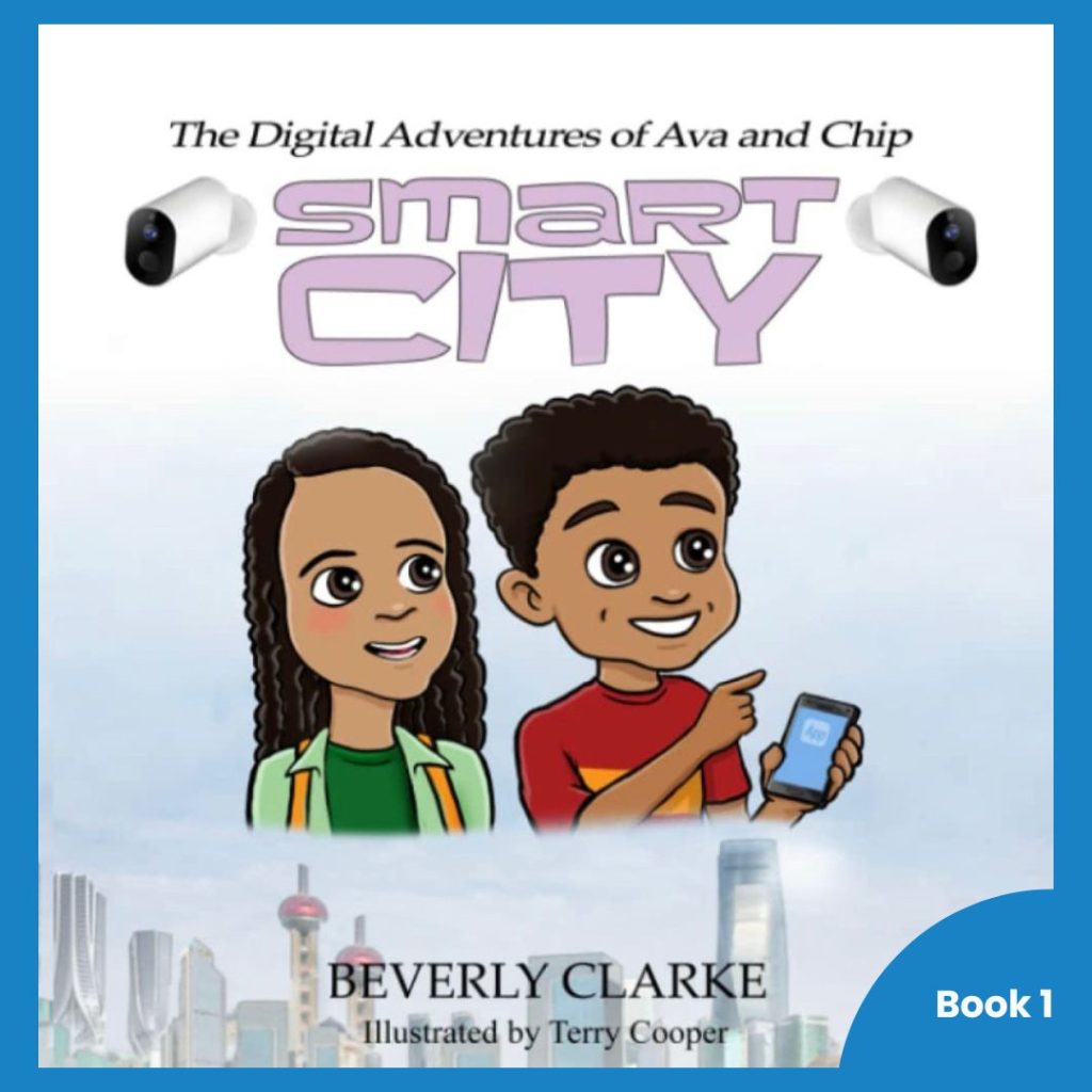 Book cover for 'The Digital Adventures of Ava and Chip: Smart City,' showing two children with a smartphone against a futuristic city skyline, introducing kids to urban technology.