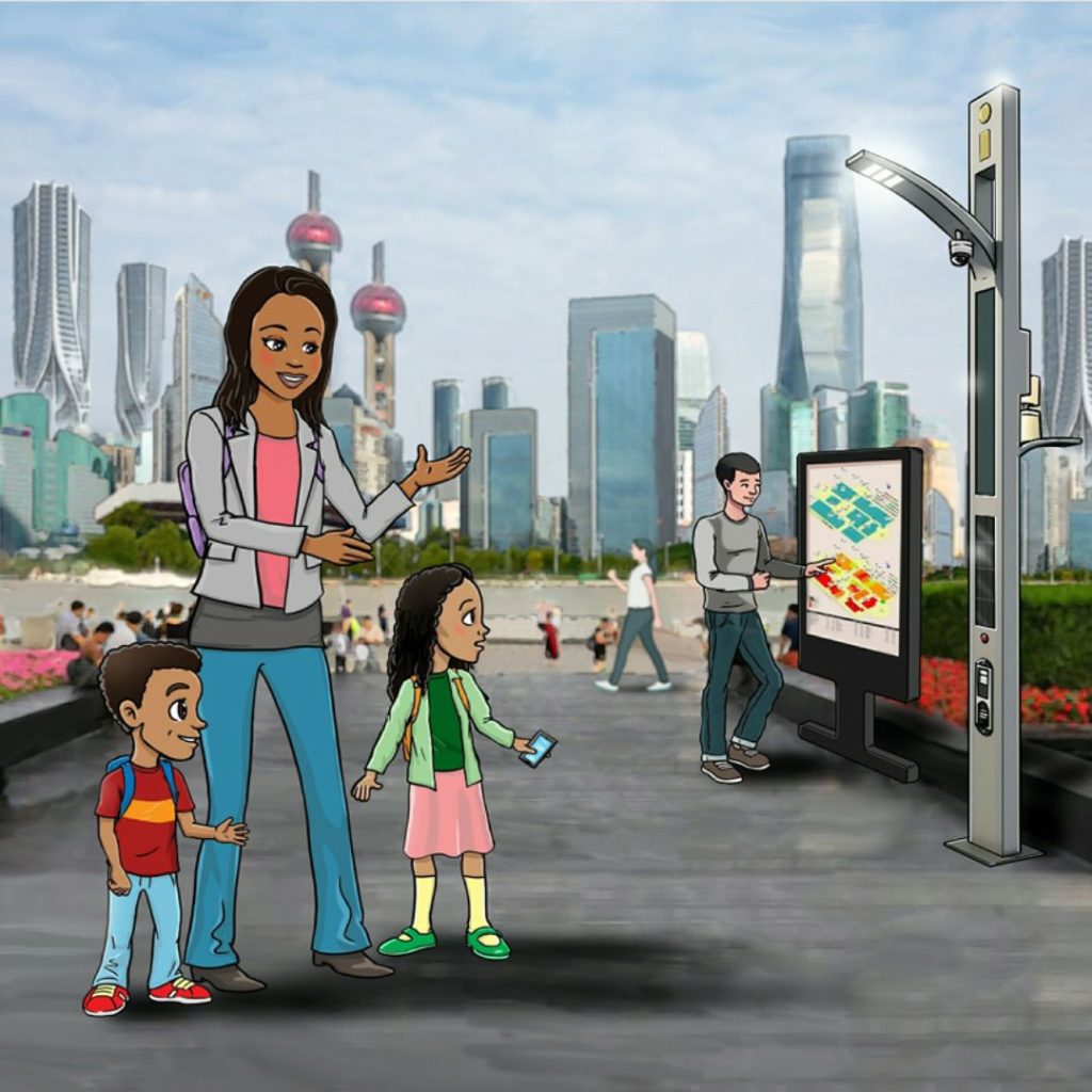 An adult and two children in a smart city environment, with futuristic buildings, an interactive digital kiosk, and smart streetlights, showcasing urban technology.