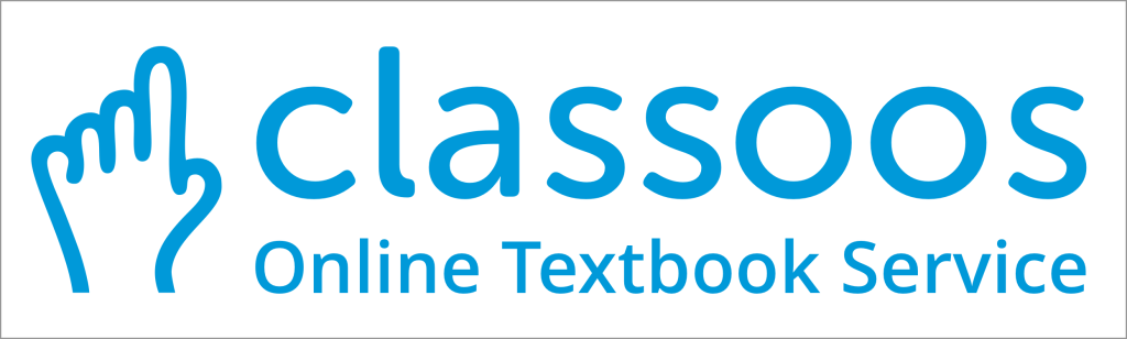 The Classoos logo shows a blue stylized hand icon on the left, followed by "classoos" in blue text, and below that, "Online Textbook Service" in smaller blue text.
