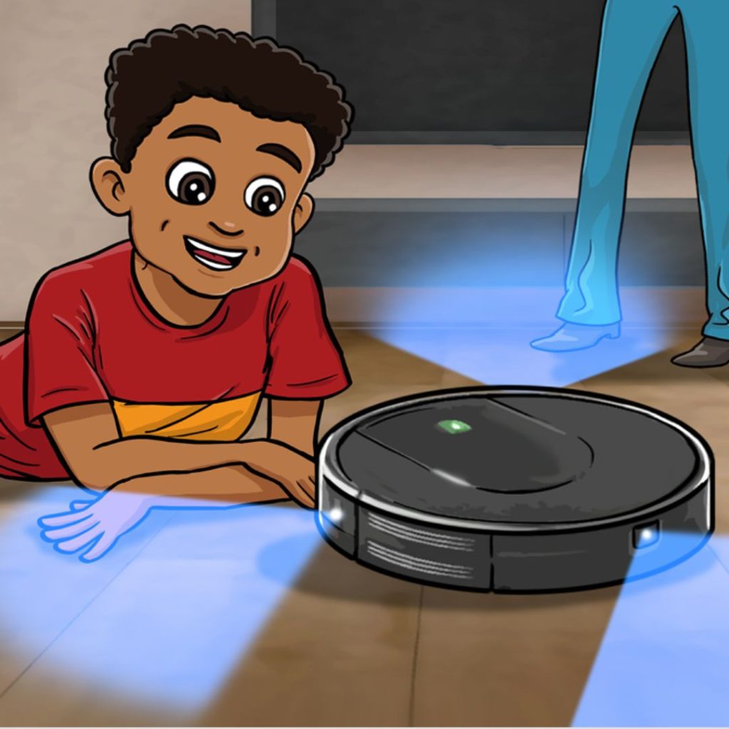 A child observing a robotic vacuum cleaner on a wooden floor, illustrating smart home technology from The Digital Adventures of Ava and Chip book series.