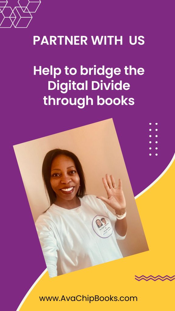 Beverly Clarke MBE in a white t-shirt, smiling and waving, with text "PARTNER WITH US Help to bridge the Digital Divide through books".