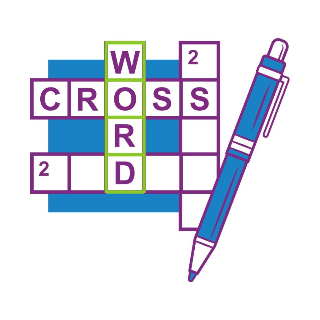 Illustration of a crossword puzzle and a pen, representing word games and puzzles in Ava and Chip technology activity books for children.