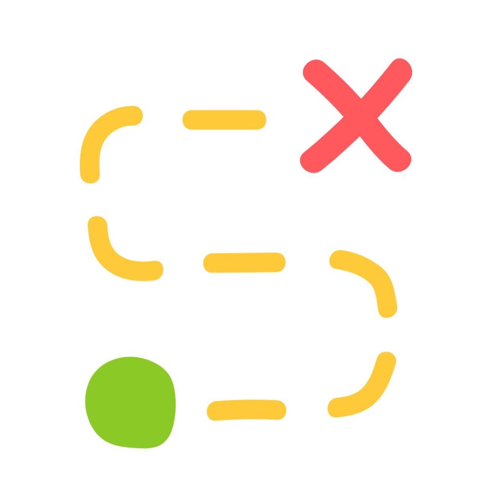 Illustration of a map with a green start dot, dashed path, and red X end, symbolizing scavenger hunts and challenges in technology books for children.