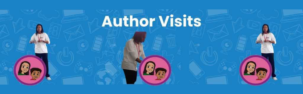 Banner for 'Author Visits' featuring Beverly Clarke MBE and the Ava and Chip children's technology book series logo, on a blue background with tech icons.