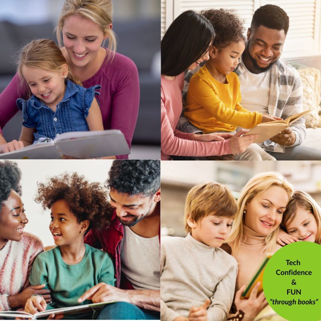 A collage of four images showing adults and children reading together, conveying a sense of "Tech Confidence & FUN 'through books'".