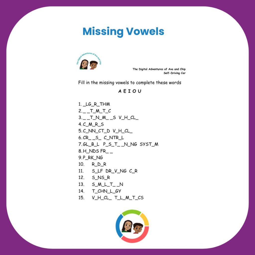 An educational worksheet from "The Digital Adventures of Ava and Chip" featuring a fill-in-the-missing-vowels activity about self-driving cars.