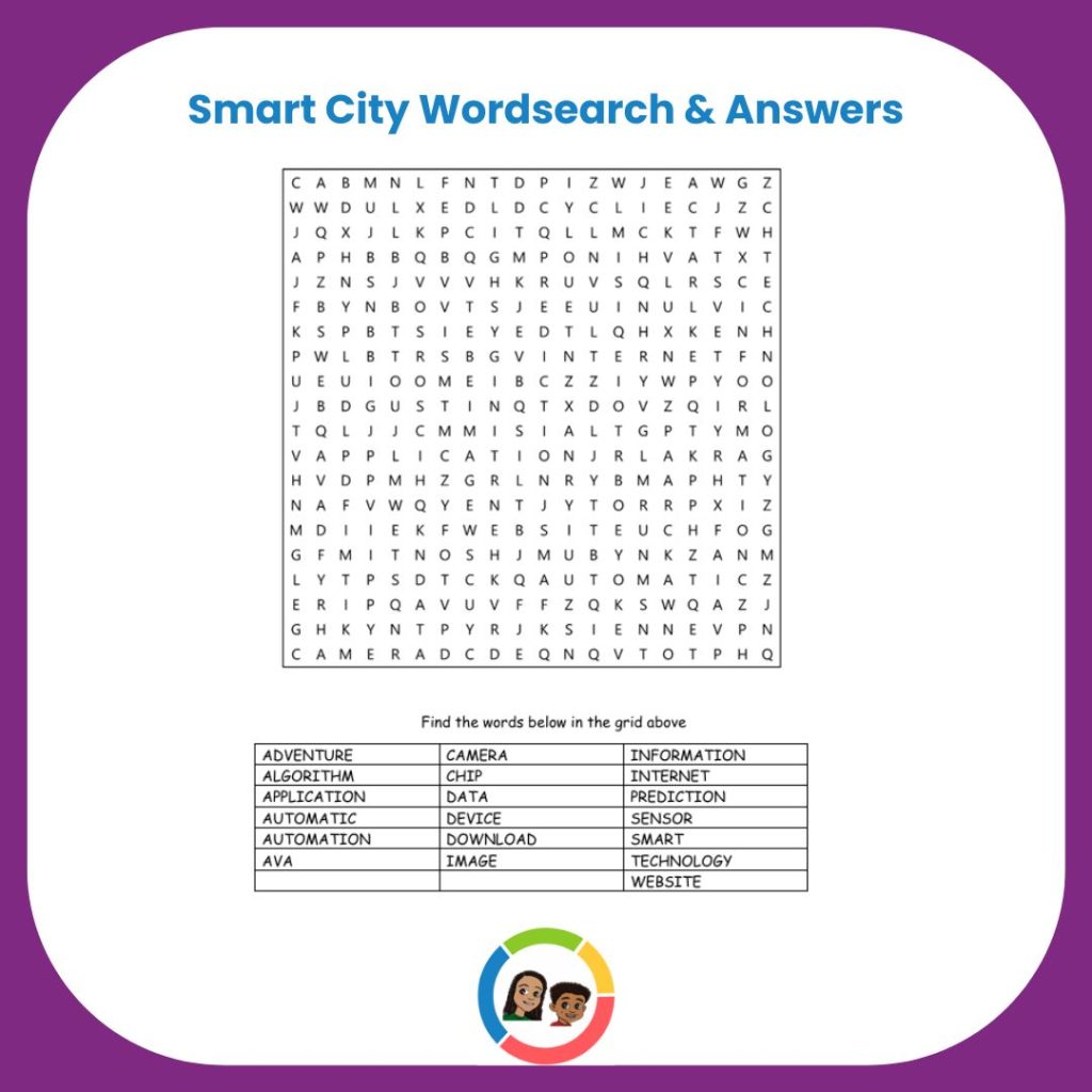 A downloadable word search puzzle and answer key with technology terms from "The Digital Adventures of Ava and Chip" book series.