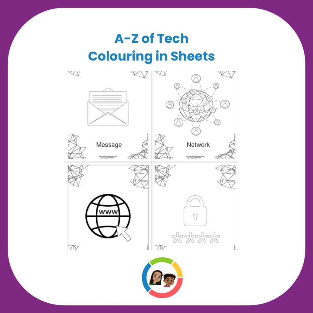A colouring sheet with four illustrations and related text: "Message," "Network," "www" (for website), and "Password."