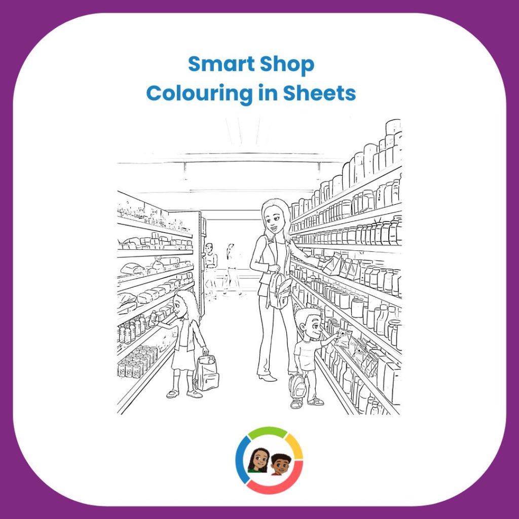 A line drawing of a mother, Ava, and Chip in a supermarket aisle.
