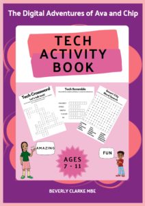 Cover of the Tech Activity Book featuring puzzles like Tech Crossword, Smart City Word Search, and Tech Scramble, designed for children aged 7–11.