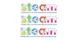Colorful STEAM logo for ACS International Schools featuring science, technology, engineering, art, and maths icons. Text reads: “STEAM 2025 is an ACS International Schools Event.”