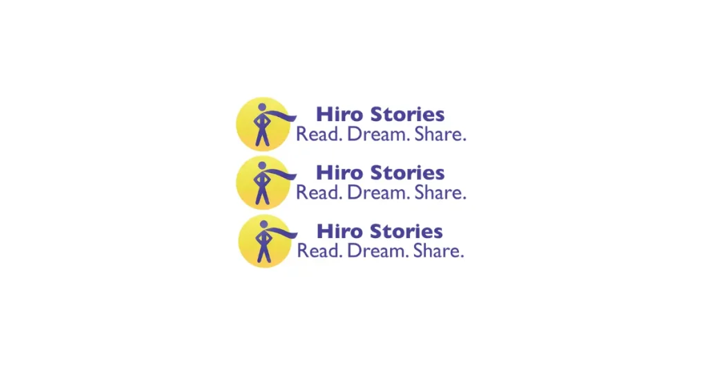Logo for Hiro Stories, featuring a yellow circle with a superhero silhouette in a cape and the tagline "Read. Dream. Share."
