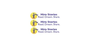 Logo for Hiro Stories, featuring a yellow circle with a superhero silhouette in a cape and the tagline "Read. Dream. Share."