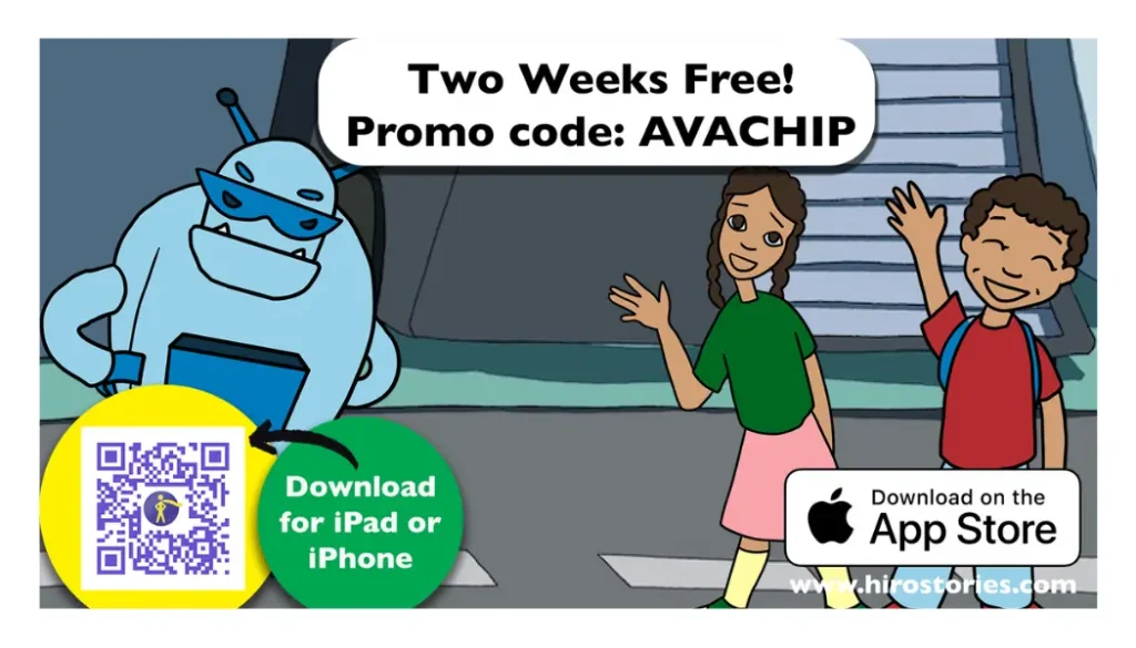 Cartoon characters Ava and Chip with robot, promoting a two-week free trial for the Hiro Stories App on Apple devices.