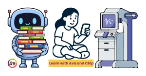 Cartoon robot with books, child using digital device and medical technology machine illustrating ways to teach tech literacy to children under 12.