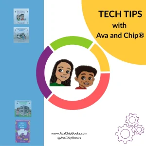 Ava and Chip children’s technology book series graphic encouraging tech literacy for children aged 7 to 11.