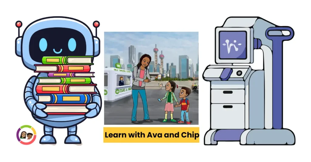 Illustration showing Ava and Chip learning about artificial intelligence, robotics and self-driving cars in a smart city environment.