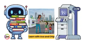 Illustration showing Ava and Chip learning about artificial intelligence, robotics and self-driving cars in a smart city environment.