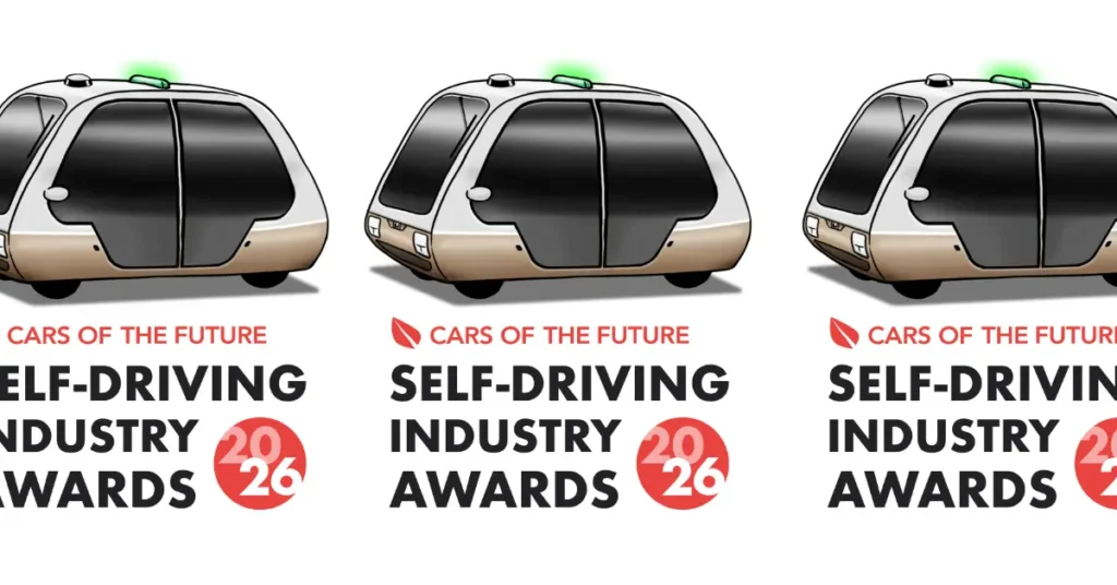 Self-driving car illustration with Self-Driving Industry Awards 2026 logo for a children’s technology blog