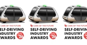 Self-driving car illustration with Self-Driving Industry Awards 2026 logo for a children’s technology blog